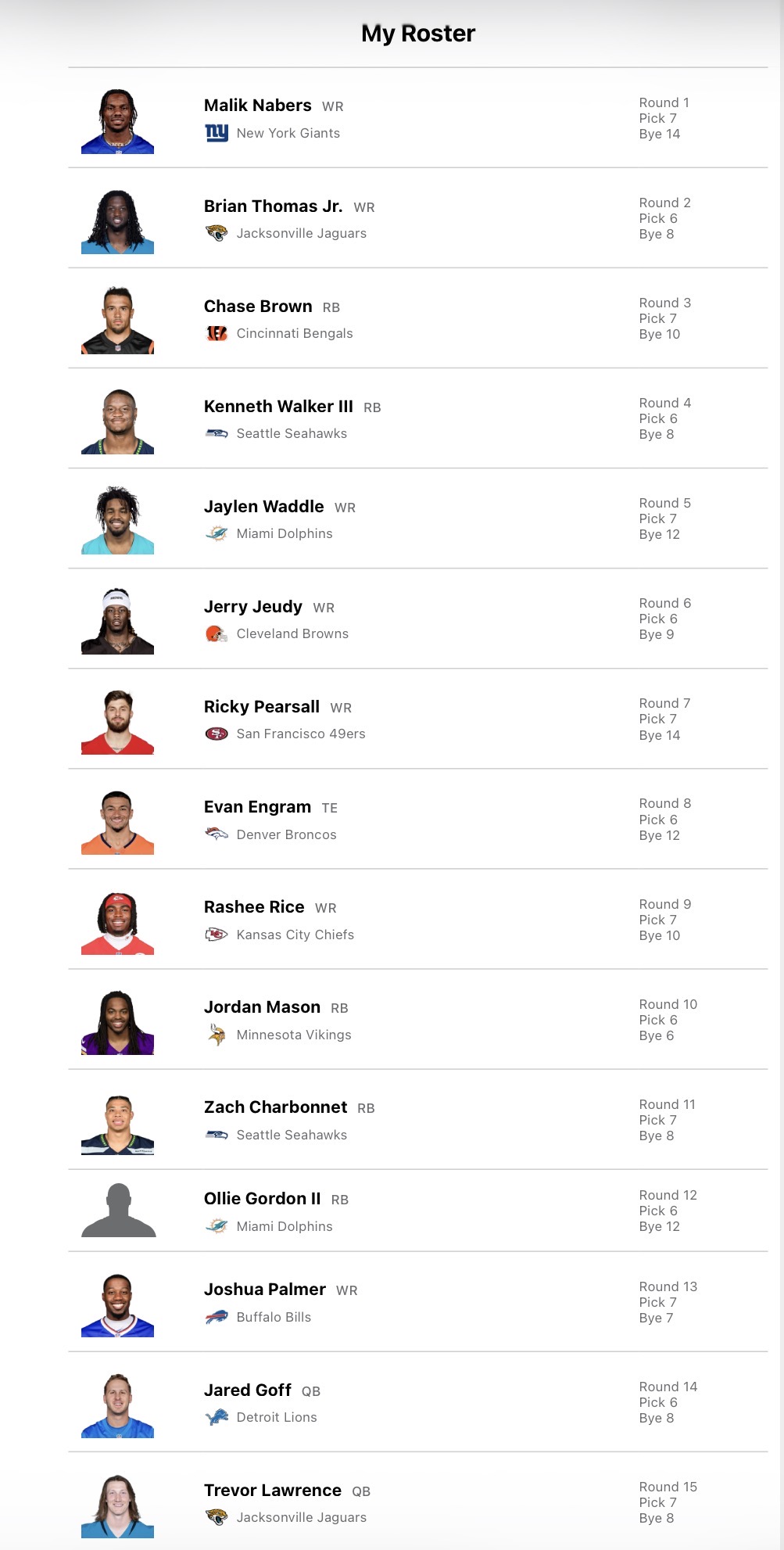 Fantasy football draft roster showing Scheemin Freeman's 2025 fantasy football draft results.
